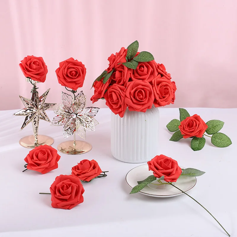 25pcs Rose Artificial Flowers Ivory Foam Simulation Flower Stem Home Living Room Decorations DIY Wedding Birthday Decor Supplies