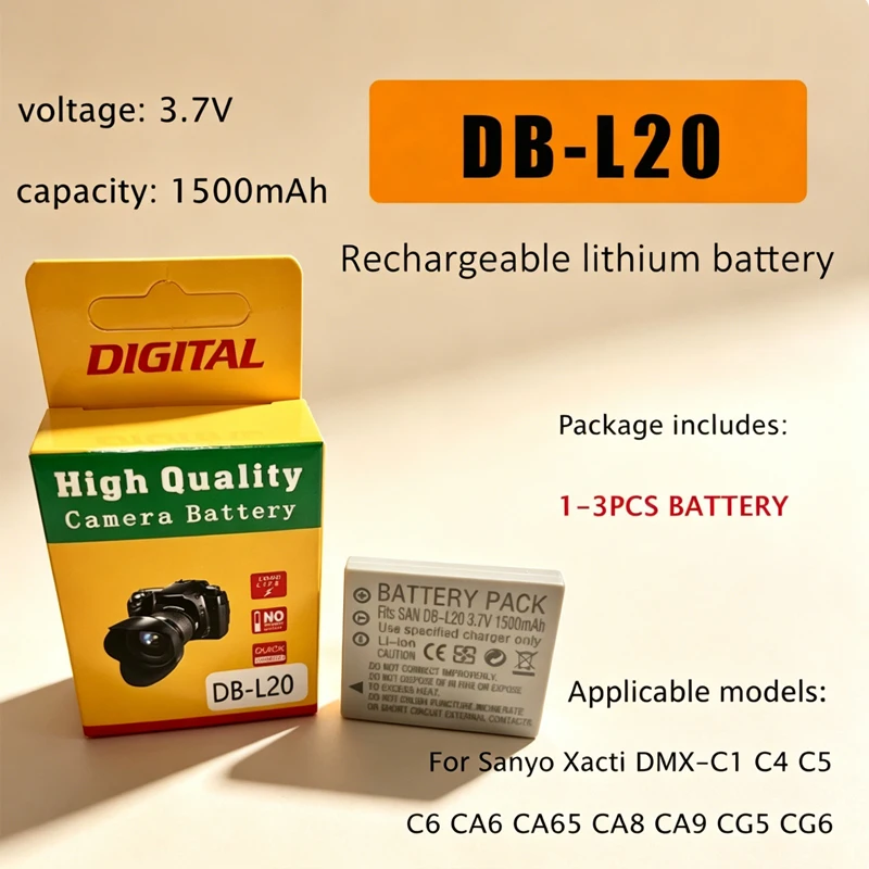 DB-L20 DBL20 batería 1500mAh 3,7 V batería recargable para Sanyo Xacti DMX-C1 C4 C5 C6 CA6 CA65 CA8 CA9 CG5 CG6 baterías de cámara