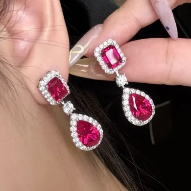 

New S925 Silver 8 * 12 Water Drop 5-Carat Red/Blue/Green/Pink Sapphire Luxury Earrings Wedding Jewelry
