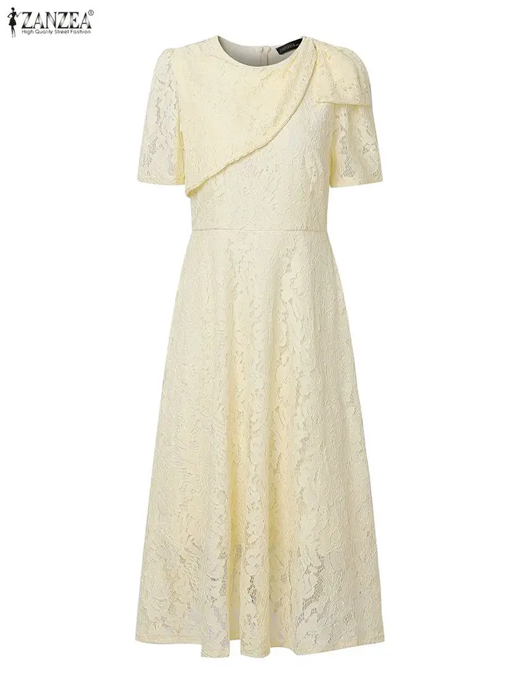 Zanzea feminino elegante em camadas rendas midi vestidos moda o-pescoço manga curta cabido cintura vestido de convidado de casamento roupas femininas S-3XL