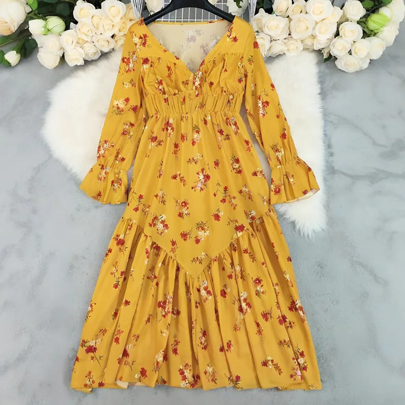 Bohemian Printed Women's Dresses French Shirt Fashion A-line Spring/Summer V-neck Casual Clothing Long-sleeved Women Dress