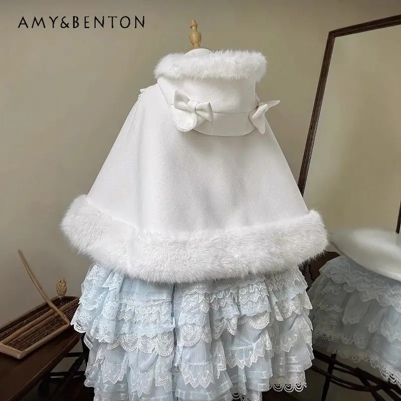 

Autumn Winter New Plush Hooded Cape Women Original Design Cute Lace Bow Lolita Loose Versatile Age-Reducing Shawl Coat Ladies