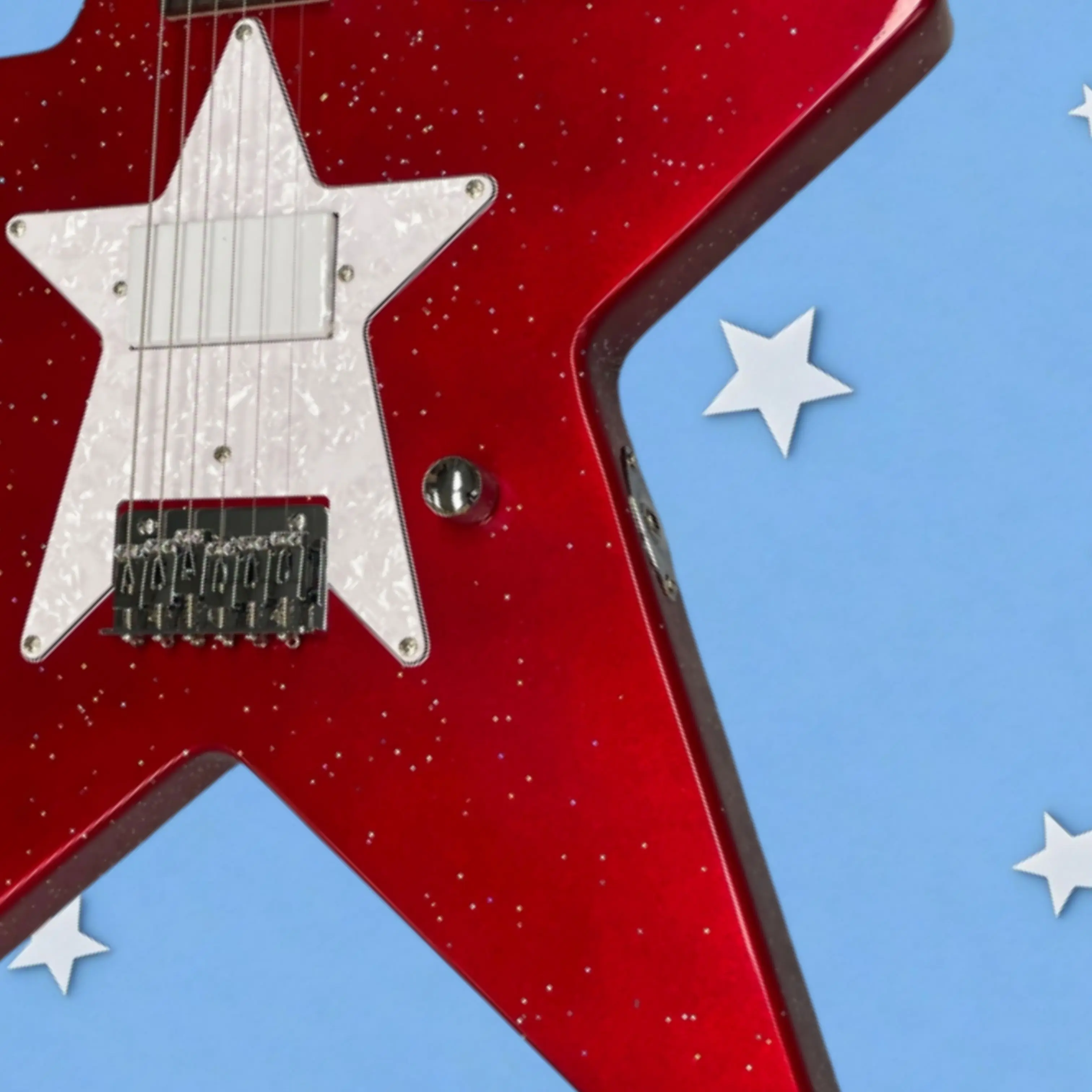 Pentagram-Shaped Electric Guitar, Red Glitter Glossy Body, Pearl White Pickguard Guitars, Personality Stage Performance Guitarra