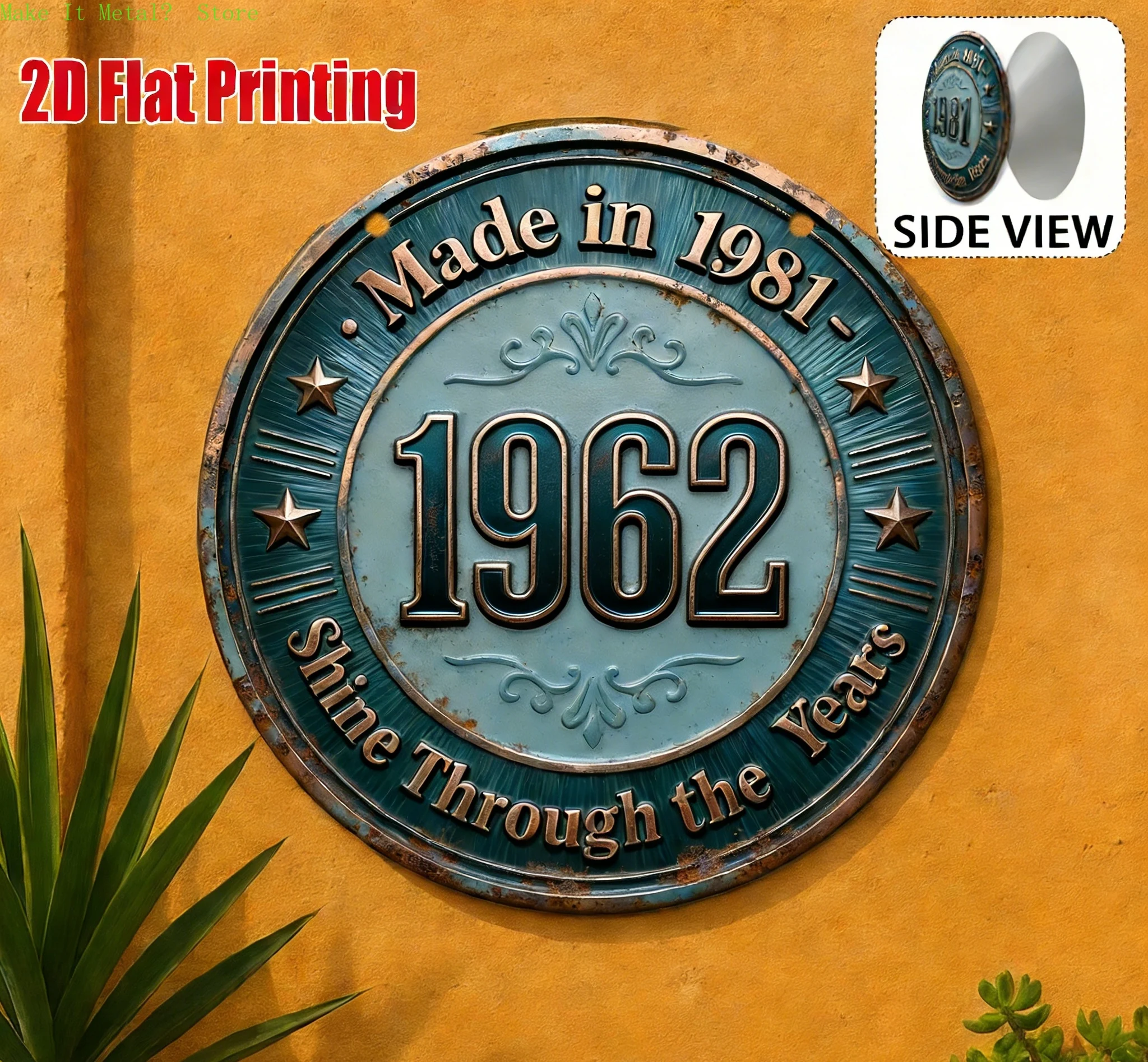 Round 2D Flat Metal Sign, Made In 1961 Shine Through The Years Star Embossed Plaque, Birthday Gift For 60s Born