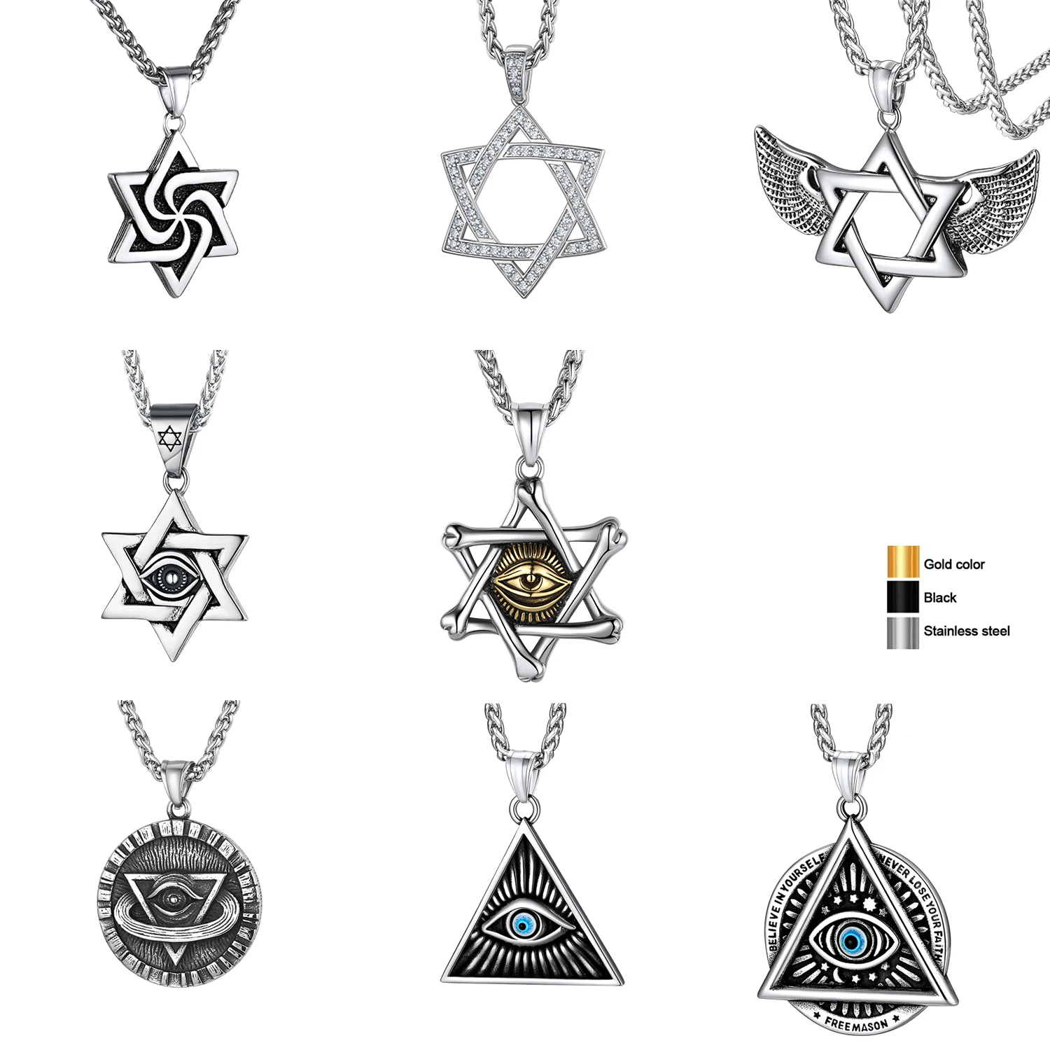 U7 Stainless Steel Magen Star of David Pendant Triangle All-seeing Eye Necklaces the Eye of God 3mm 22