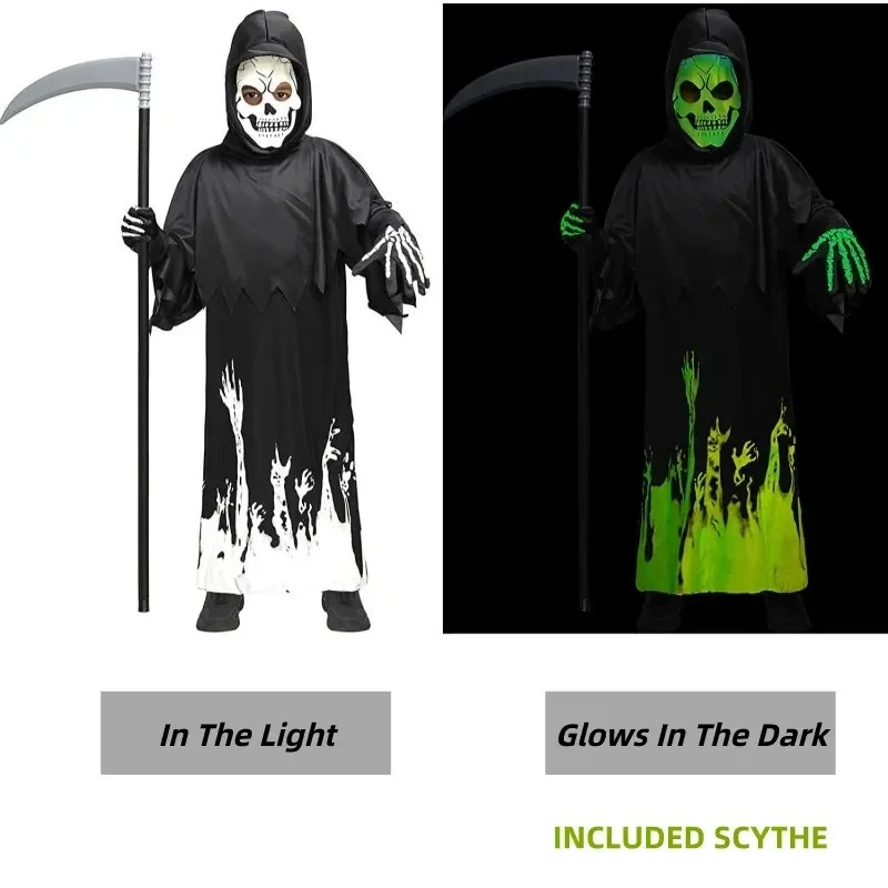 

Child Scary Grim Reaper Phantom Glow In The Dark Cosplay Fancy Dress Halloween Theme Party Costume