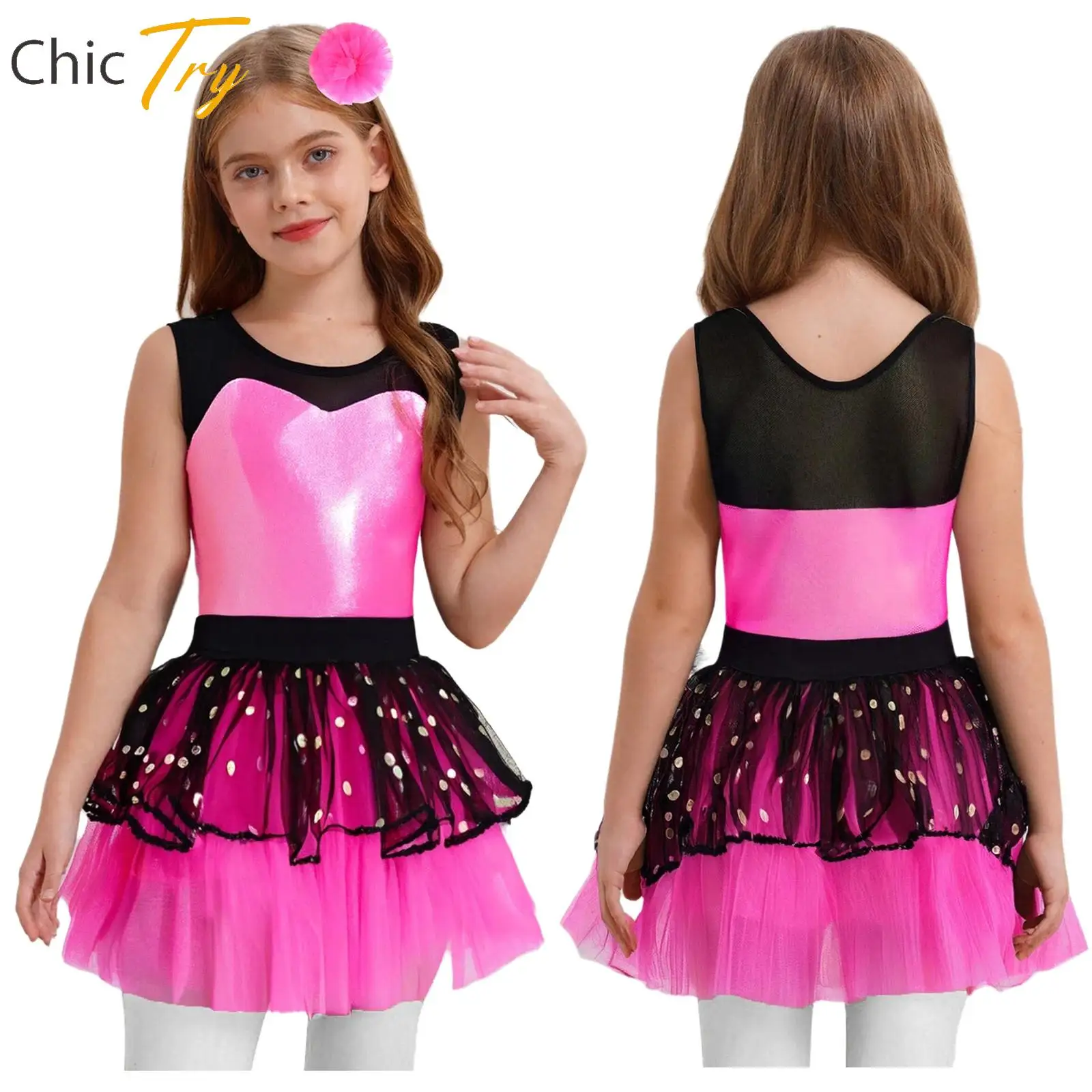 

Kids Girls Ballet Dress Sleeveless Sheer Mesh Metallic Bodice Tutu Dress with Headwear for Childrens Day Dance Party Performance