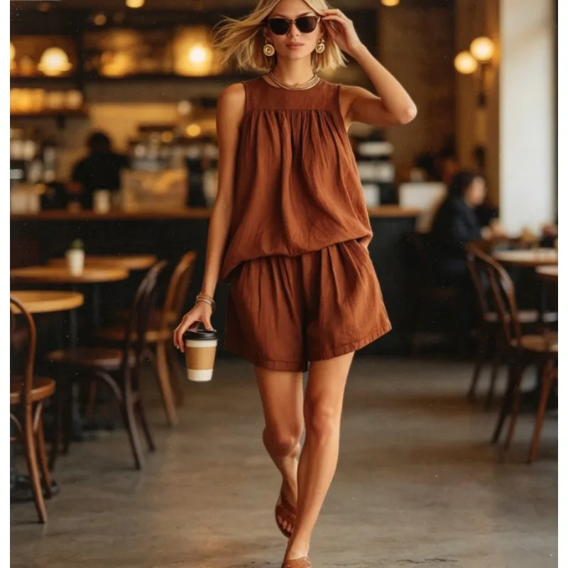 

2026 Fashion Vintage Sleeveless Ruched Top & Wide Leg Shorts Women‘s Casual Breathable & Lightweight Perfect for Summer Beach