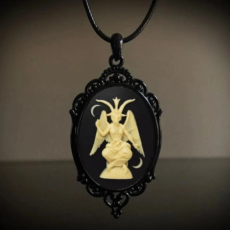 Gothic Satan Goat Mendes Cameo Necklace Fashion Mysterious Pagan Witch Jewelry Gift Vintage Goat Charm Rope Chain Choke Ring