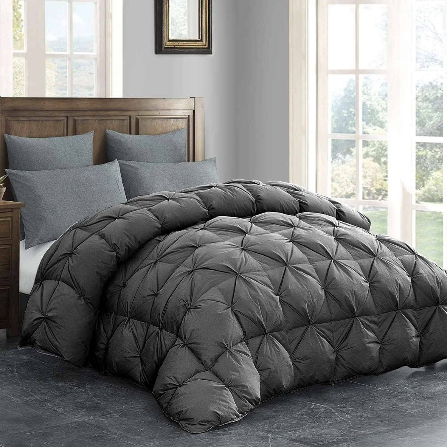 HOMBYS 120x128 Oversized King Feather and Down Comforter, Grey Pinch Pleat Thick Duvet Insert