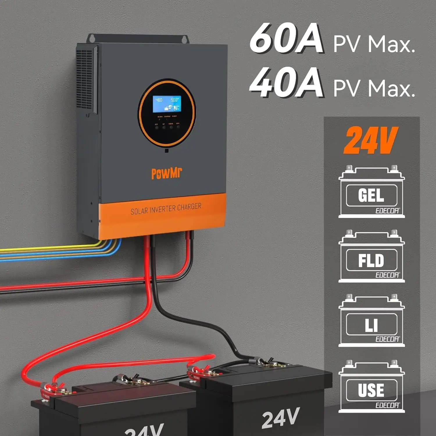 Inverter hibrida 3,2 kW, 24V DC ke 110/120V AC dengan kontroler isi daya matahari 60A MPPT maksimum PV 108V cocok untuk Inverter Lifepo4 Off Grid