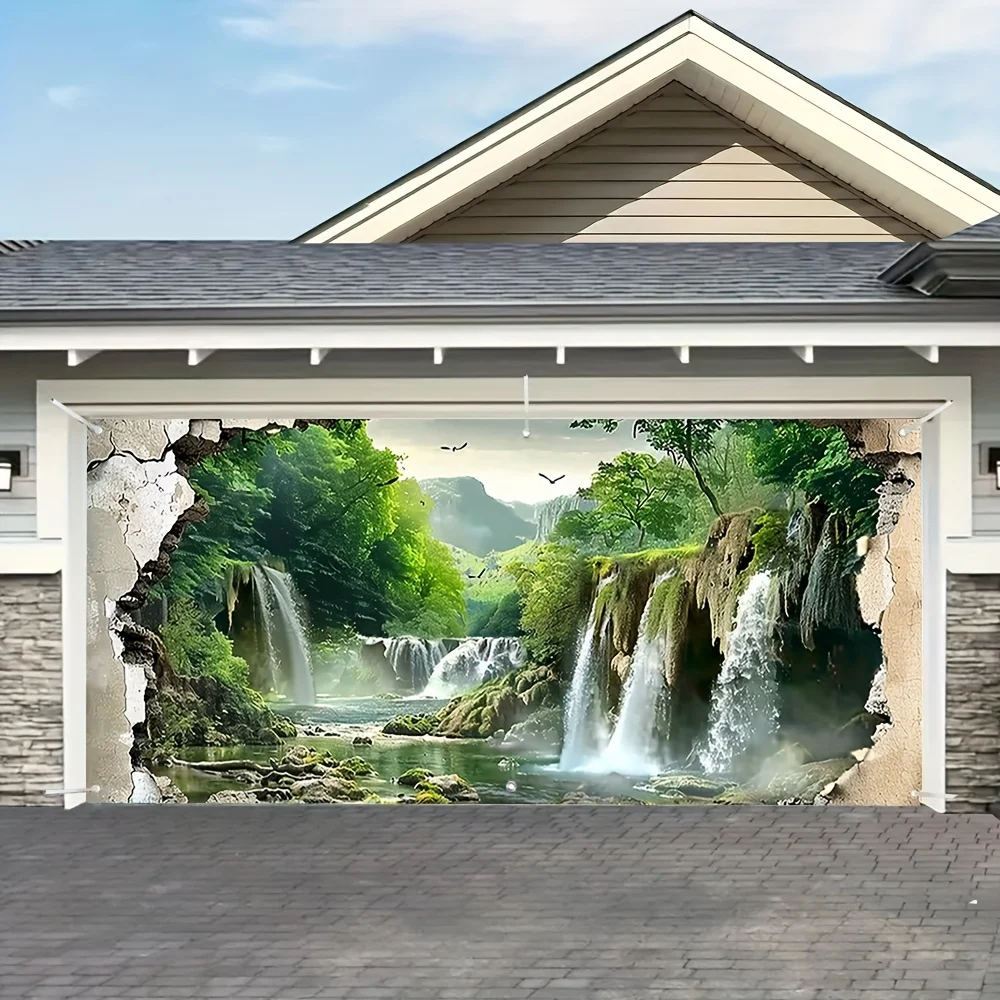 Single 2D planar forest waterfall garage door banner - Vibrant outdoor decoration, polyester material, outdoor decoration