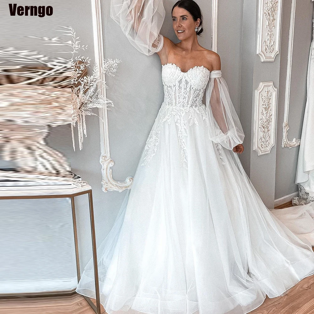 

Verngo A-line Wedding Dress Sweetheart Long Detachable Fluffy Sleeves Bride Dress Appliques 2024 Bridal Gown Robe De Mariee