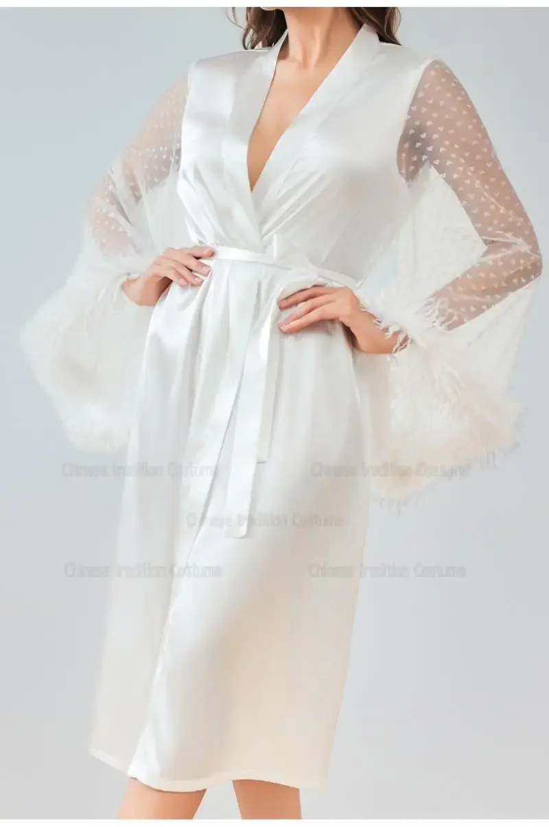

Short Sleepwear Nightwear Bride Wedding Robe Elegant Satin Bathrobe Gown Mesh Sleeve Kimono Ice Silk Intimate Lingerie Pajamas