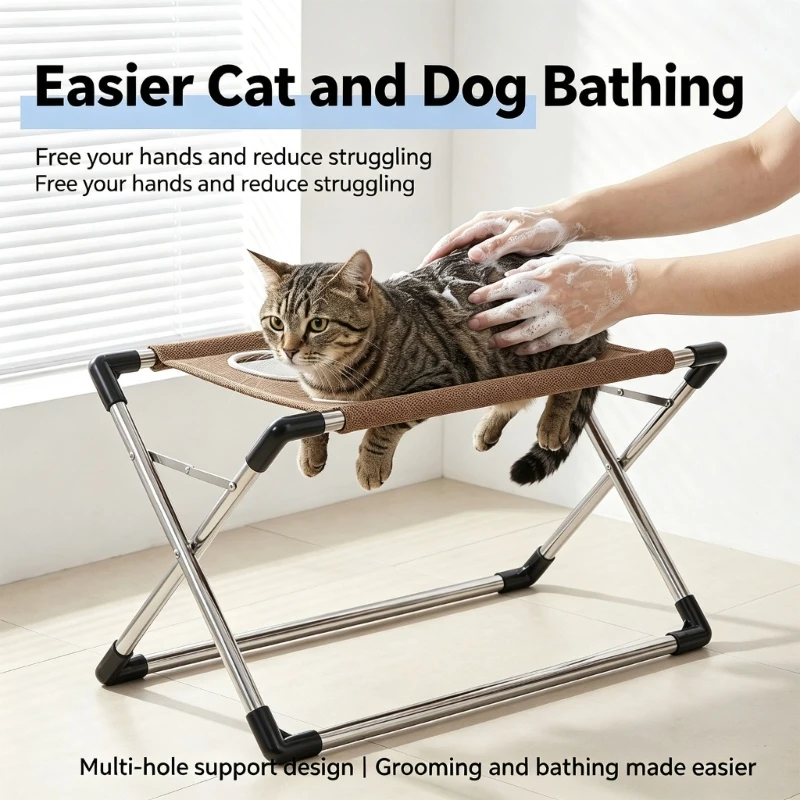 Pet Coat-Care Support Stand for Felines, Seven Reinforced Openings Aid Bathing, Brushing, and Routine Grooming Tasks KXRE