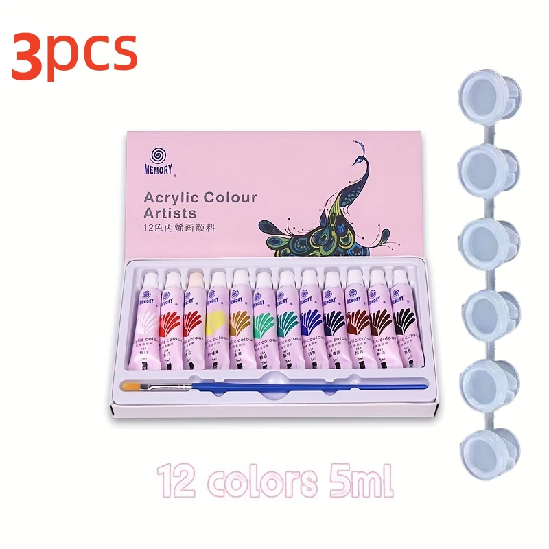 3 pcs 12/24 color 5ml acrylic painting paints + paint box, suitable for student painting paint tool set