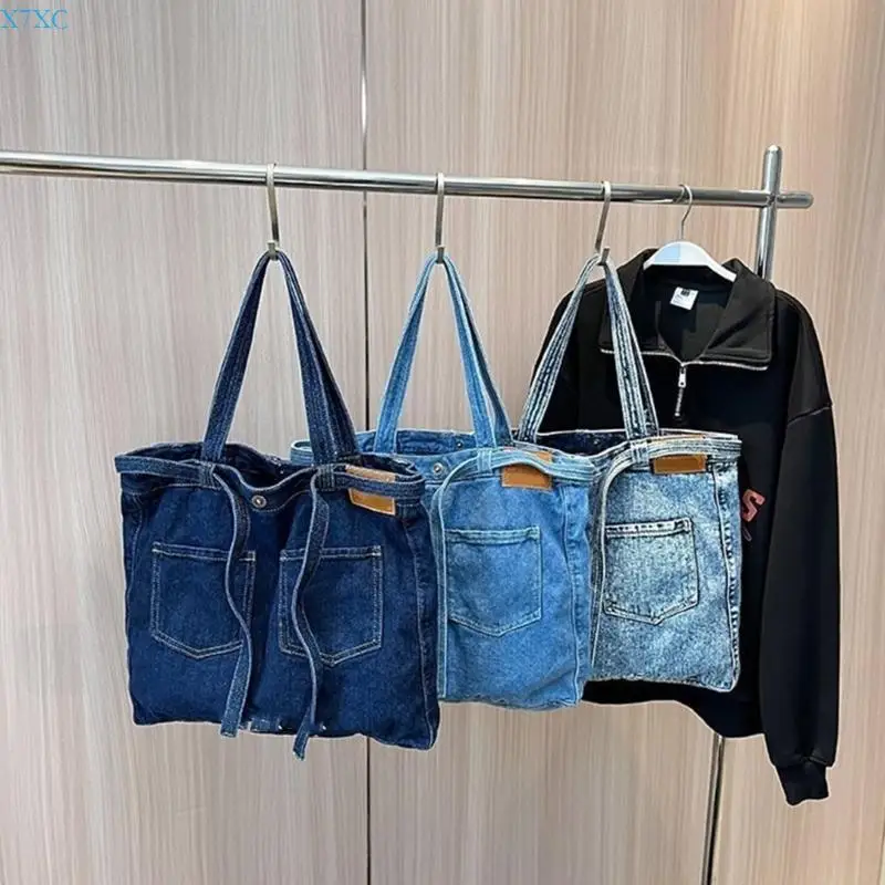 

X7XC Fashionable Jeans Shoulder Bag for Women Letter Embroidery Denims Handbag with Double Handle for Shopping and Travel