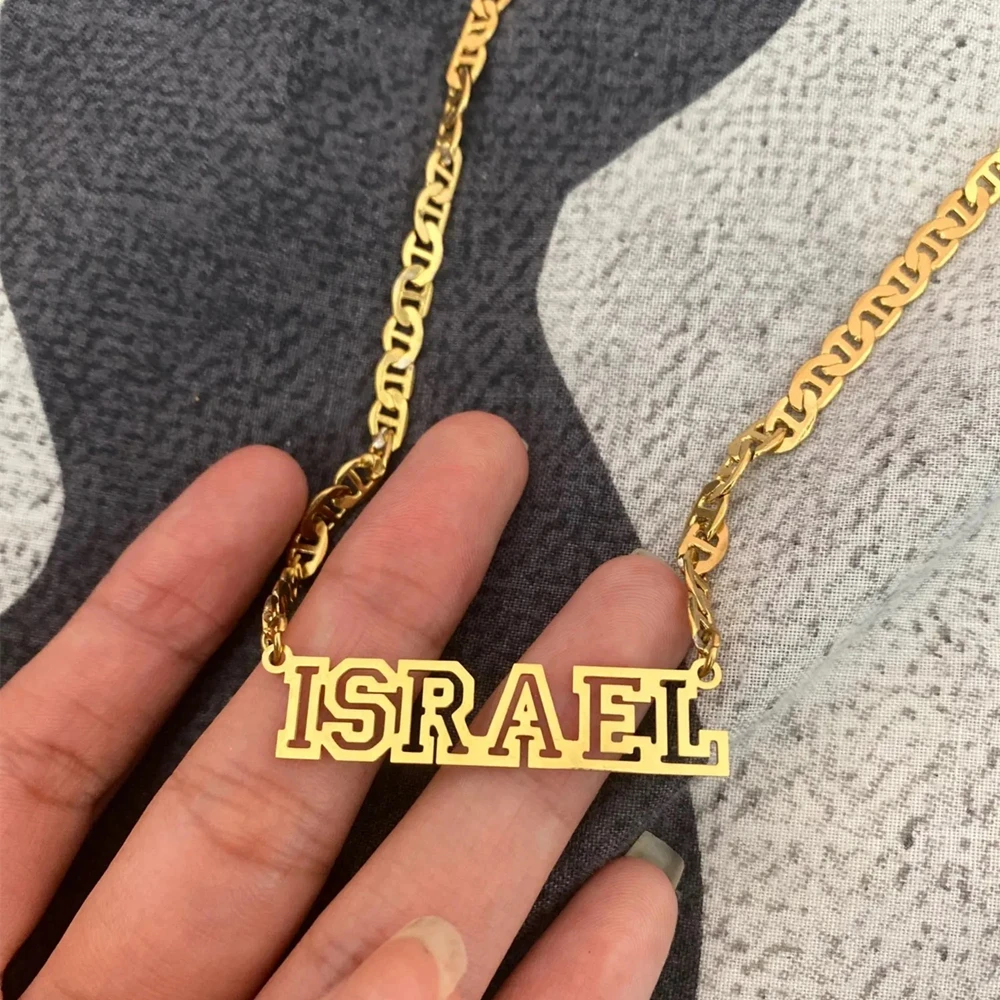 

Customized Personalized Women Men Gold Choker Custom Name Pendant Necklace Stainless Steel Flat Chain Nameplate Jewelry Gifts