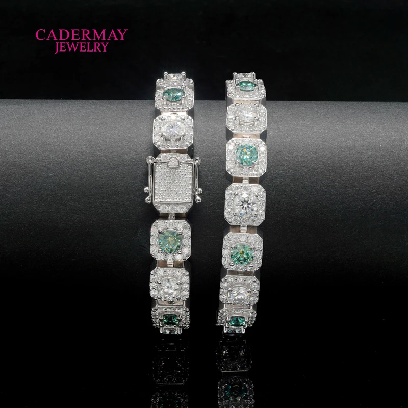 HipHop Jewelry 925silver 10mm Square Clustered Iced Out Green Mixed White Moissanite Bracelet Rock Candy Moissanite Tennis Chain view 5
