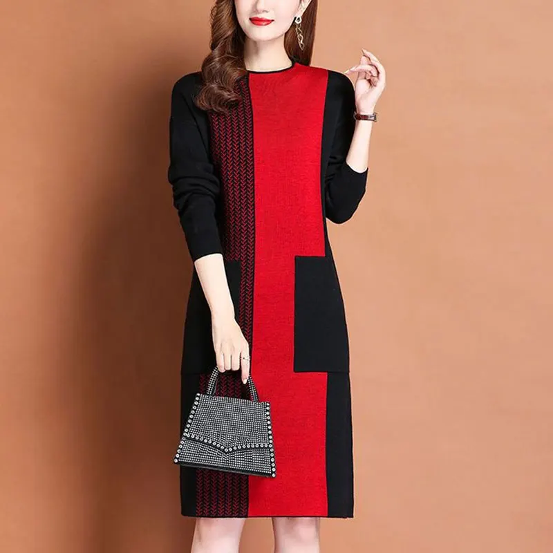 Vintage Spliced Printed Knitted Dresses Autumn Winter Casual O-Neck Women\'s Clothing Fashion Pockets All-match A-Line Midi Dress