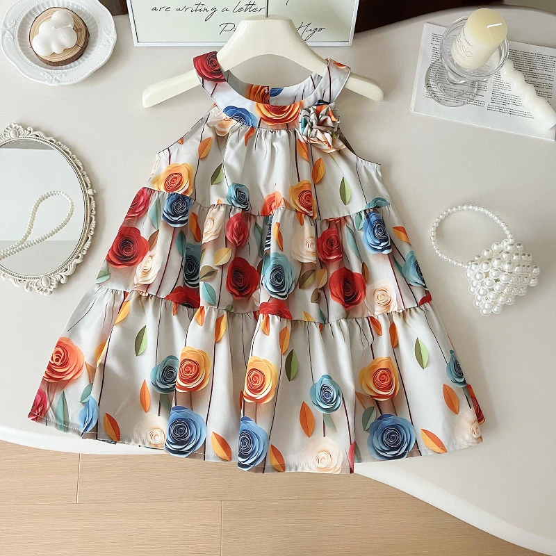 Girls' Sleeveless Dress Summer New Korean Version of Girls' Floral Fabric Multi-section Halter Dress with Hat