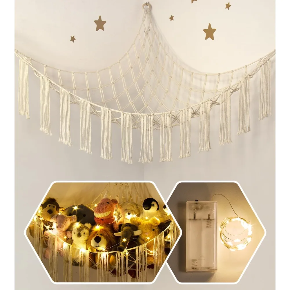 

Stuffed Animal Hammock Corner with LED Light - Toy Storage Hammock Plushie Net Large - Cute Stuff Animals Holder Hanging Organiz