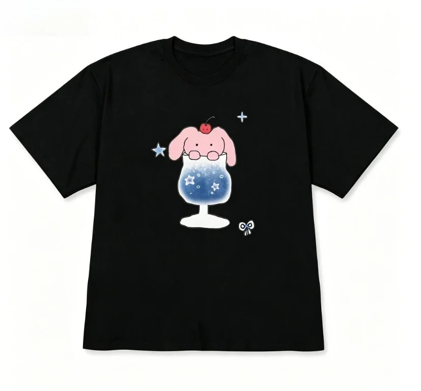 Korean Kawaii Pink Bunny Graphic T-shirt Short Sleeve for Wome Men Cute Casual & Versatile Black Crew Neck Tee Top Minimalist