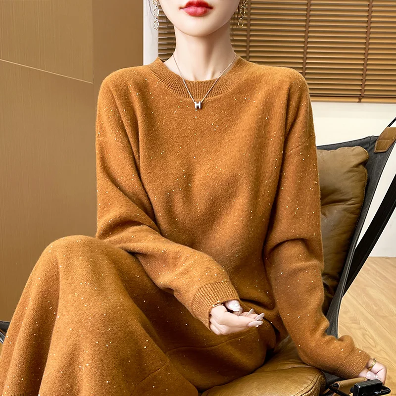 Women's Suit 100% Merino Wool 2-Piece Suit Women's Autumn Fashion Sequins O-Neck Sweater Straight Skirt Shiny Women's Clothes