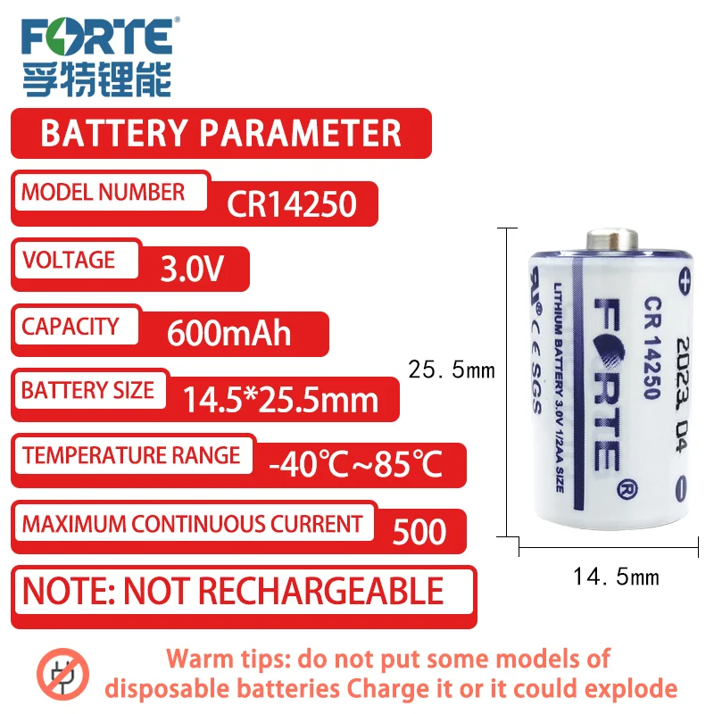 Forte CR14250 3V 1/2AA Lithium Battery For Water Meter Smoke Alarm Yaskawa Servo PLC Numerical Control Panel Customizable Plug