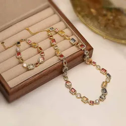 HECHENG 18K Gold-plated Zircon Irregular Geometric Shape Colored Bracelet Necklace Popular Maillard Color Neutral Accessory
