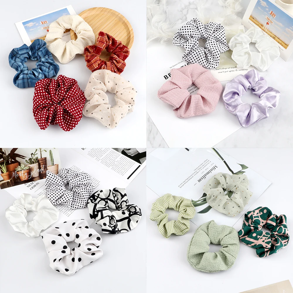 3pcs/set Heart Stripes Plaid Dots Hair Bands Satin Cotton Silk Hair Ties for Women Girls Elastic Rope Hair Accessories Scrunchie