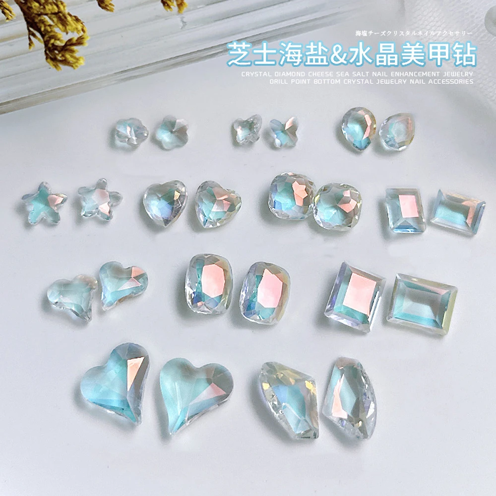 20Pcs Crooked Heart Fat Square Glitter Diamond Nail Art Charms 3D Cheese Sea Salt Colour Pointback Stone Crystals Nail Rhineston