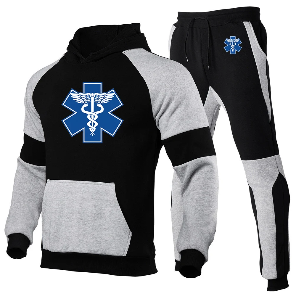 

2026 EMT Emergency Ambulance Print Spring And Autumn Men's New Daily Casual Patchwork Hoodie + Trouser Harajuku Suit
