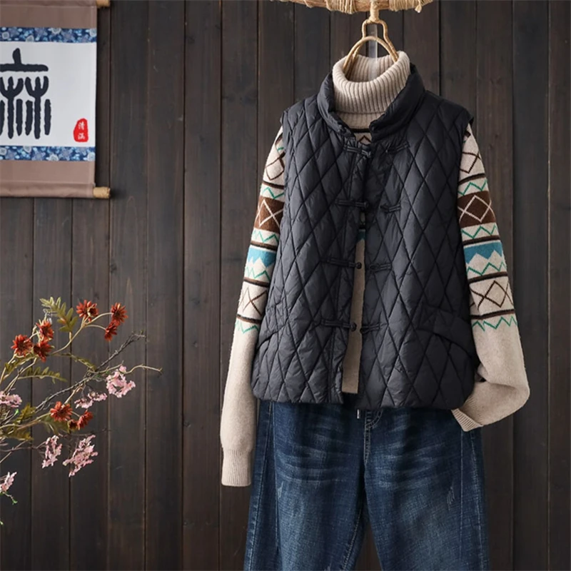Light Down Cotton Padded Jacket Vest Women's Autumn Winter Chinese National Style Buckle Stand Collar Shawl Rhombic Cotton Coats