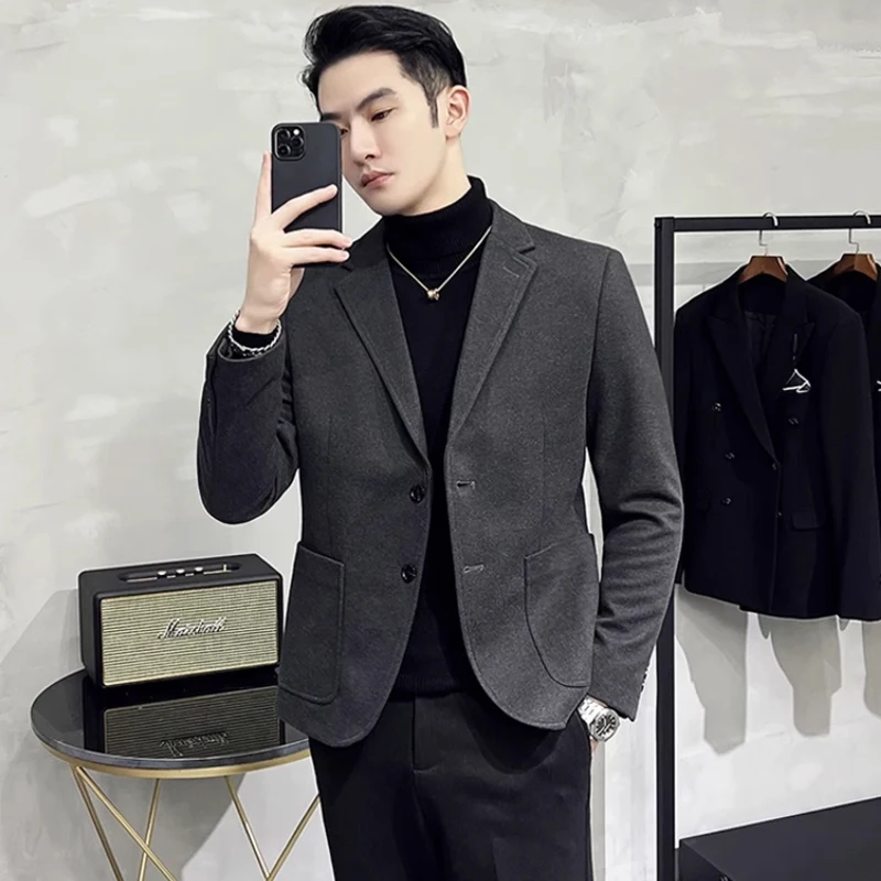

Men's Woolen Suit Jaet Thiened Casual Busin Sle Winter Faion Ciscape Long Sve Stand Fit round Hemline