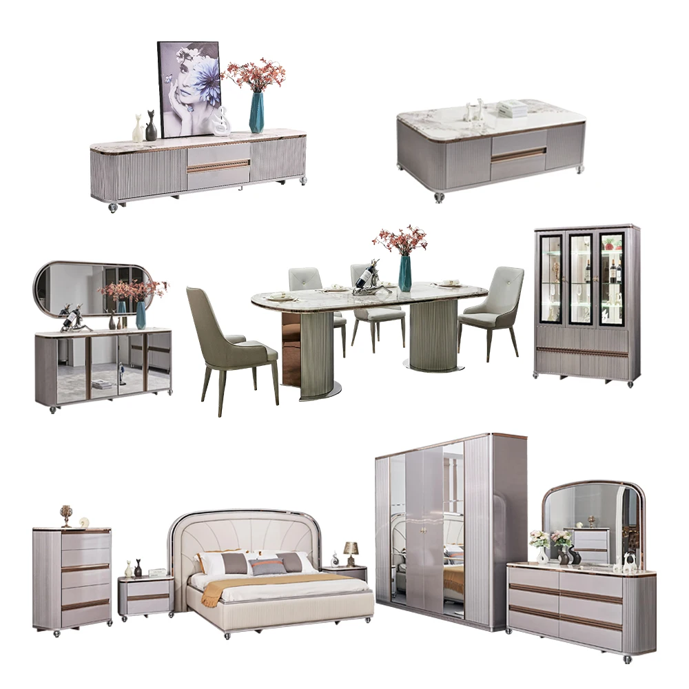 &Wooden Bedroom Furniture Set Dining Table Chair Coffee Table TV Cabinet Luxury Home Furniture Set