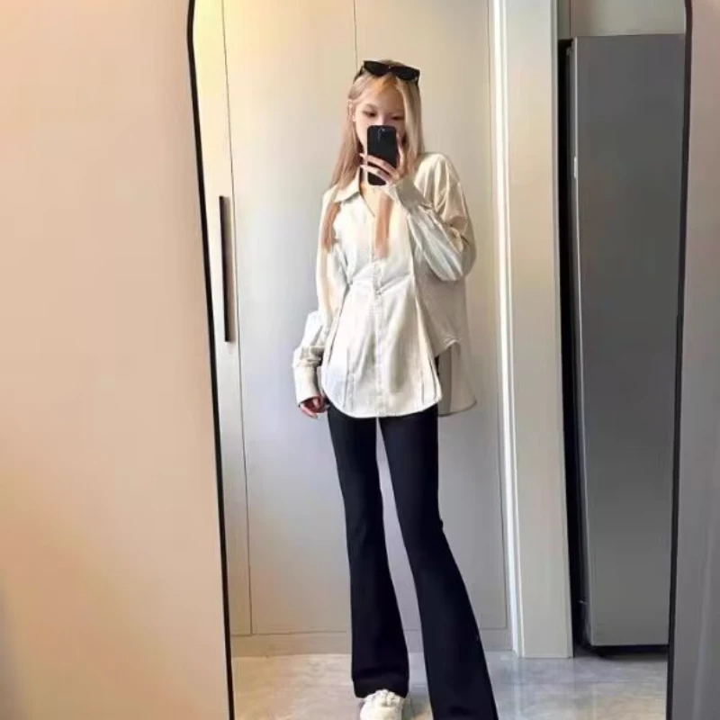 Women Shirts Slim Waist Ruched Casual Solid Color Long Sleeve Office Lady Single Breasted Spring Vintage Korean Design Thin Ins