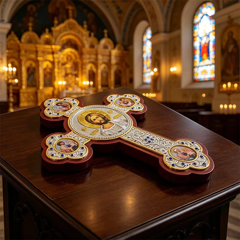 Icon Panel Byzantine Orthodox Cross Statue Ornament in Zinc Alloy and Gold Plated with Icon Medallions Church Decor Gift Ideas