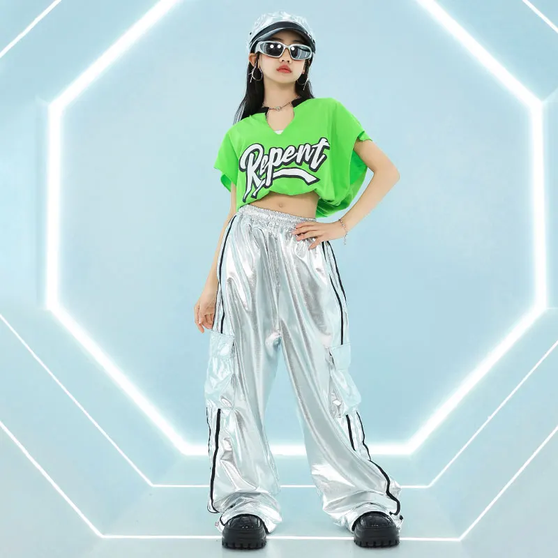 Filles Hip Hop haut court brillant en cuir PU Cargo pantalon garçons T-shirt rue danse Joggers enfants Streetwear enfants Jazz vêtements ensembles