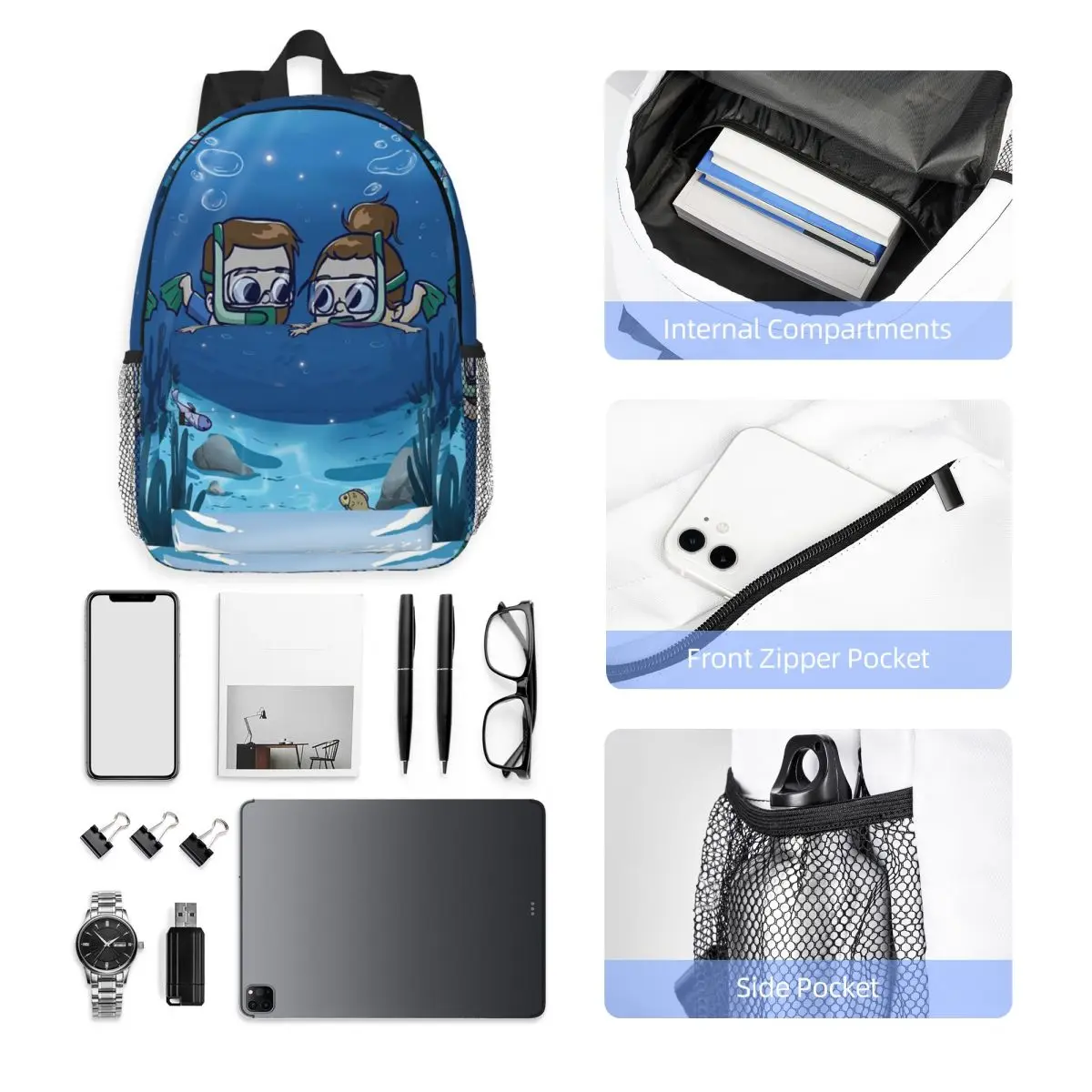 Under Water Couple - Pibubear Backpack Student Boys Girls BookBag Men Women School Bag Laptop Shoulder Bags