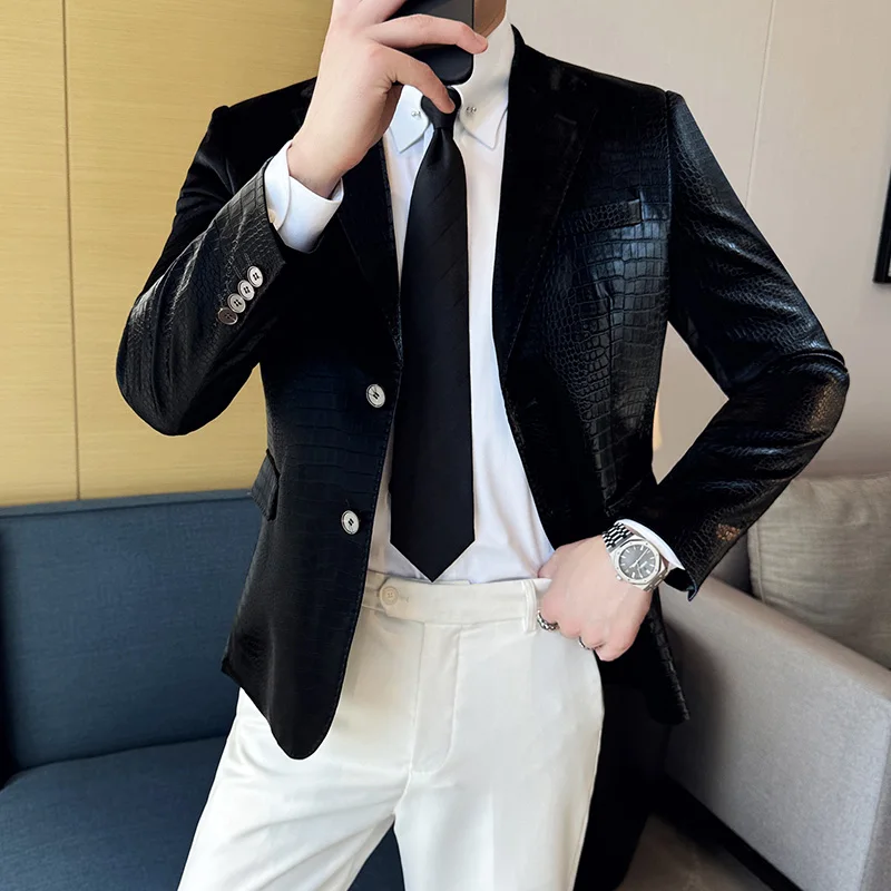 High Quality Crocodile Stripe Slim Fit Leather Jacket Classic Business Casual Slim Fit Men Blazer  Tuxedos 2024 New Men Clothing