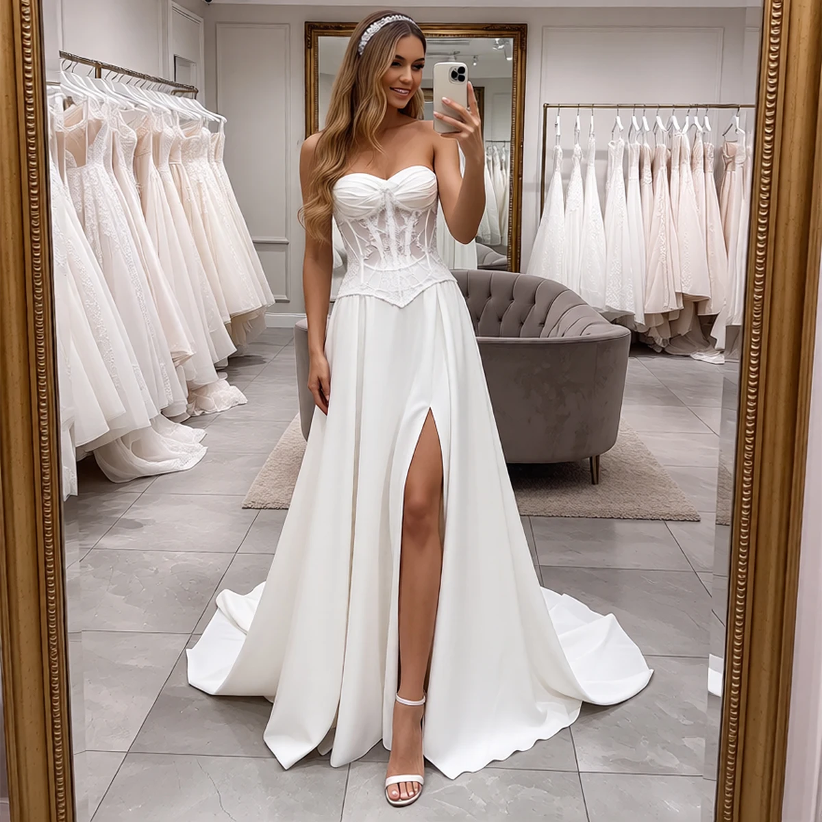 

Elegant Satin Lace Wedding Dress With Slit Sweetheart Pearl Ball Gown For Bride Long A Line Bridal Party Gown Vestidos Novia