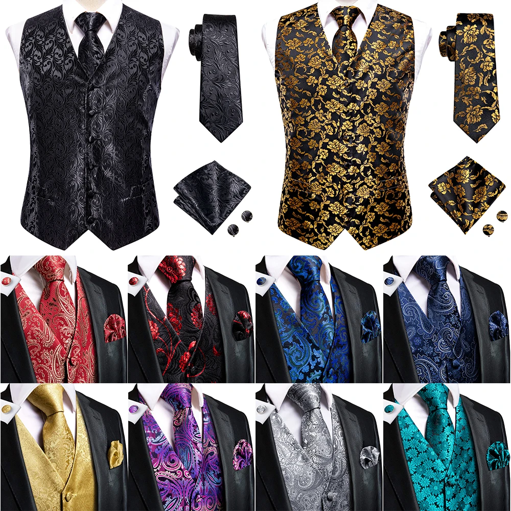 Hi-Tie Black Men Silk Vest Paisley Jacquard Necktie Hankerchief Cufflinks Sets Male Sleeveless V-Neck Waistcoat Business Formal