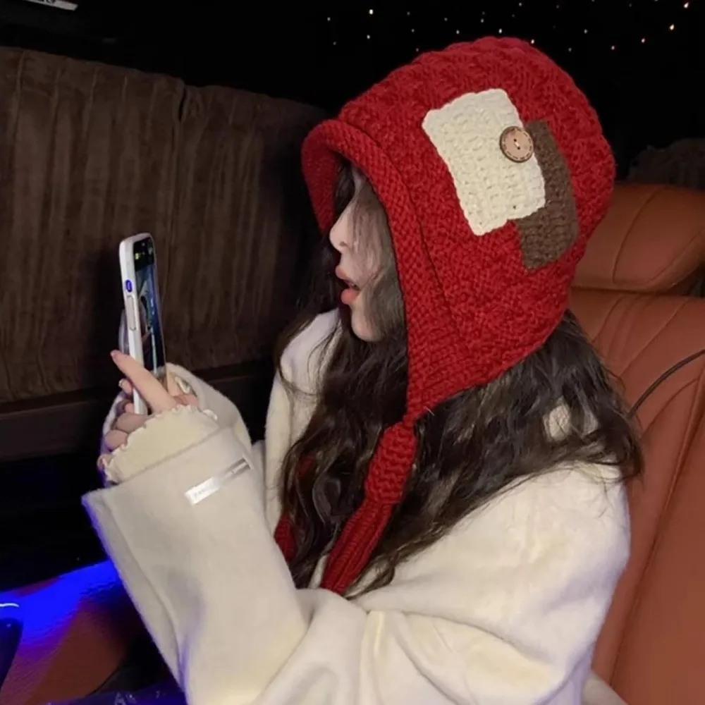 

Fashion Cloth Sticker Fringed Knitted Hat Solid Color Ear Protection Handmade Braids Hat Pullover Style Winter Warm Hat