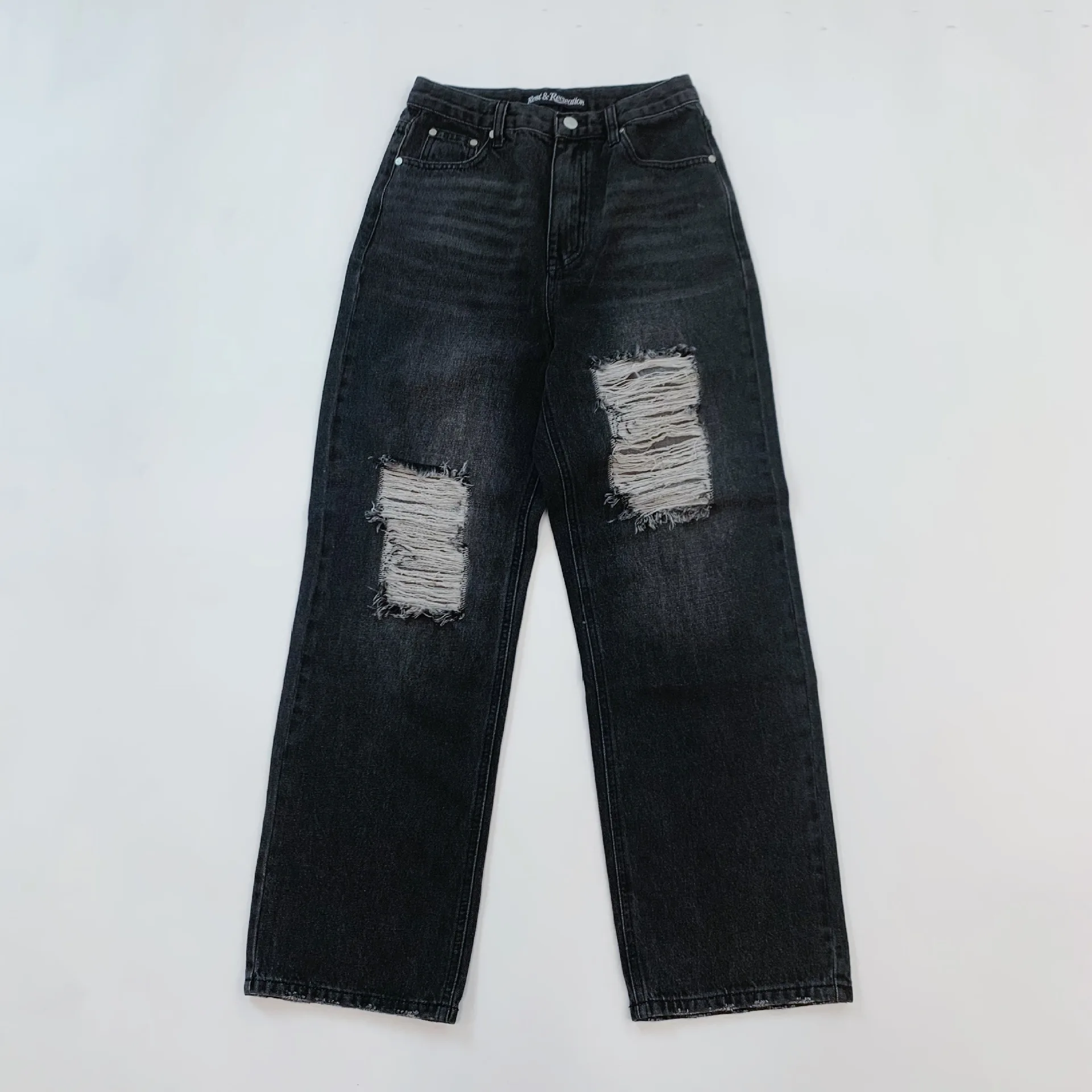 Jeans Donna Pantaloni a gamba larga Denim con foro Vita media Tasche lavate invecchiate Lunghezza pavimento 2025 Pantaloni dritti streetwear