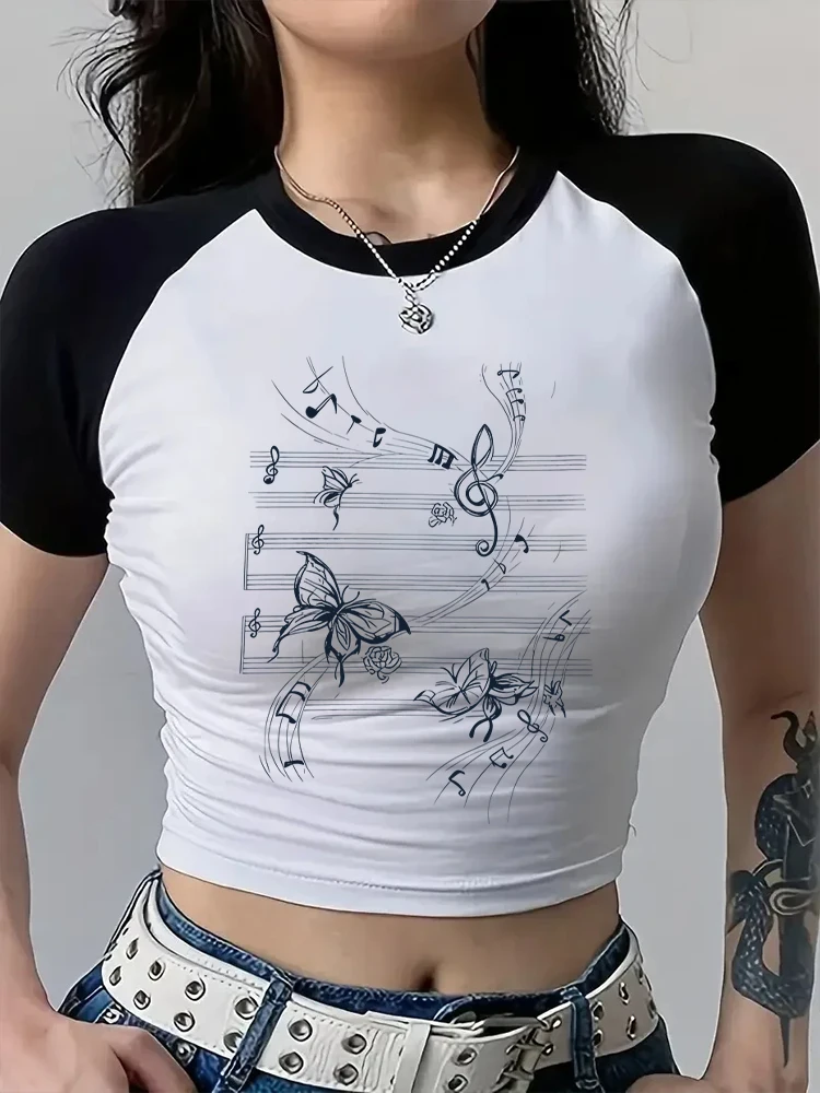 

Music Note Butterfly Art Raglan T-Shirt 100% Cotton Retro Summer Fashion Casual Y2K Shirt Women's Short Sleeve Fitted Crop Tops