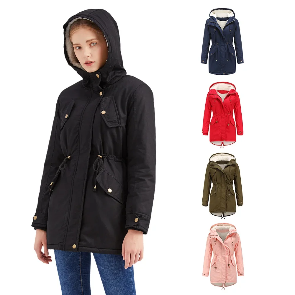 Women Parkas Hooded Drawstring Tight High Waist Coats Thick Warm Zipper Coat Maxi Jackets Casual Parka Outerwear Autumn Winter