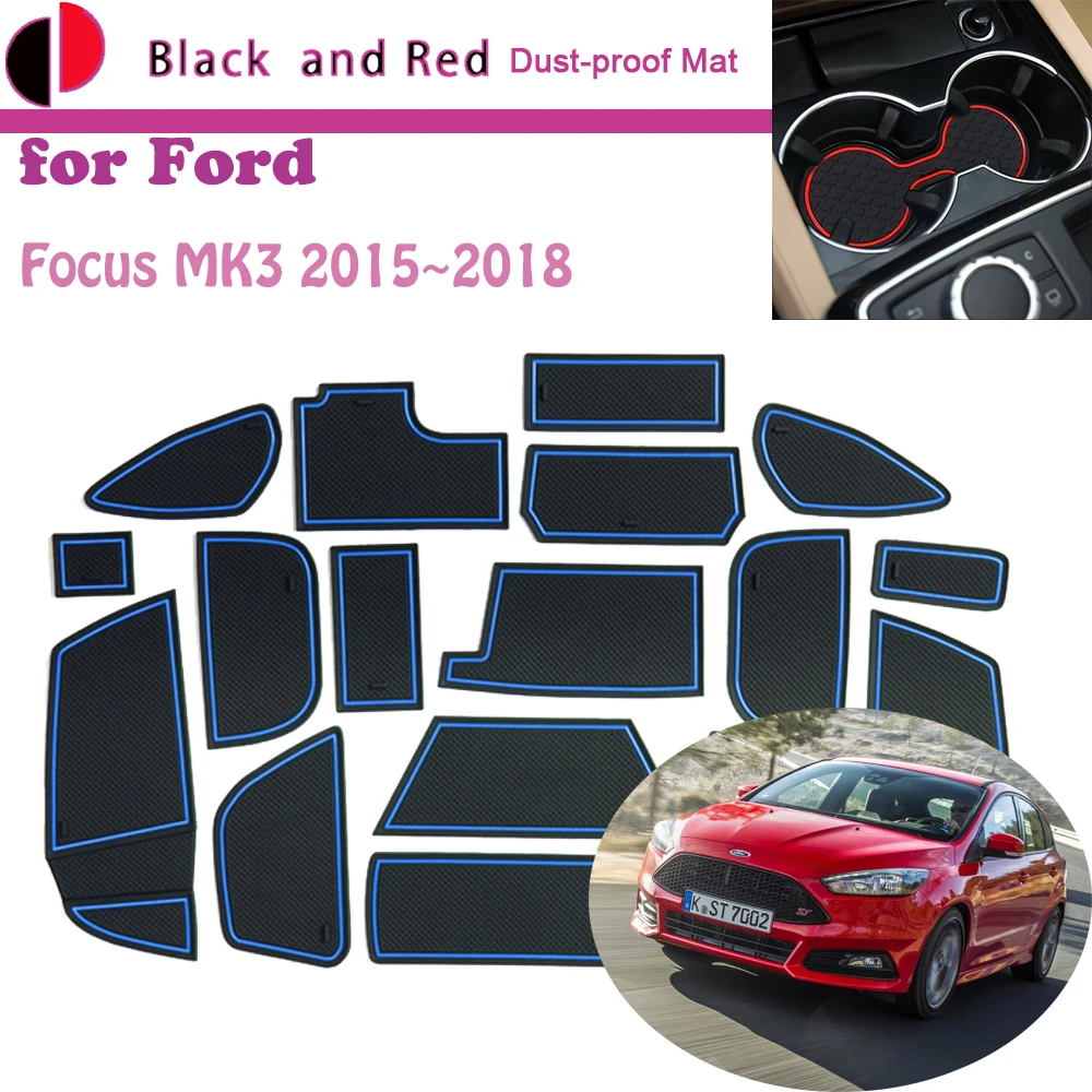 Rubber Door Groove Mat for Ford Focus 3 3.5 MK3 ST RS Facelift 2015~2018 Cushion Gate Storage Slot Coaster Dust-proof Sticke Pad