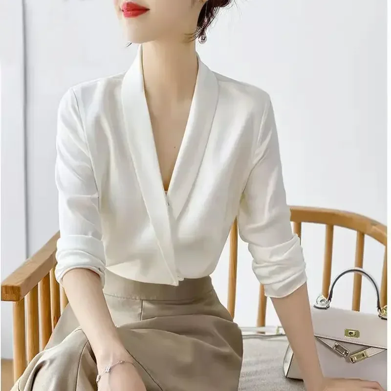 Women's Tunic V Neck Solid Color Elegant Blouses Spring Autumn Office Lady Silk Satin Solid Black White Long Sleeve Shirt Women