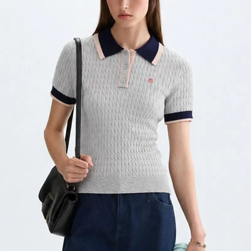 RHCH Damen Strick-Poloshirt Kurzarm Zopfmuster Besticktes Logo Kontrast-Kragen Lässiges Elegantes Sommer-Oberteil – Detail 4